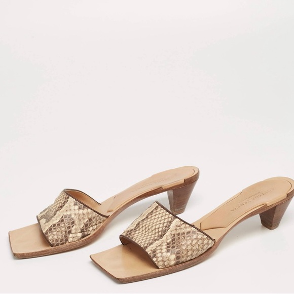 Bottega Veneta Square Toe Python Leather Strap Low Sandals Heels - Picture 4 of 4